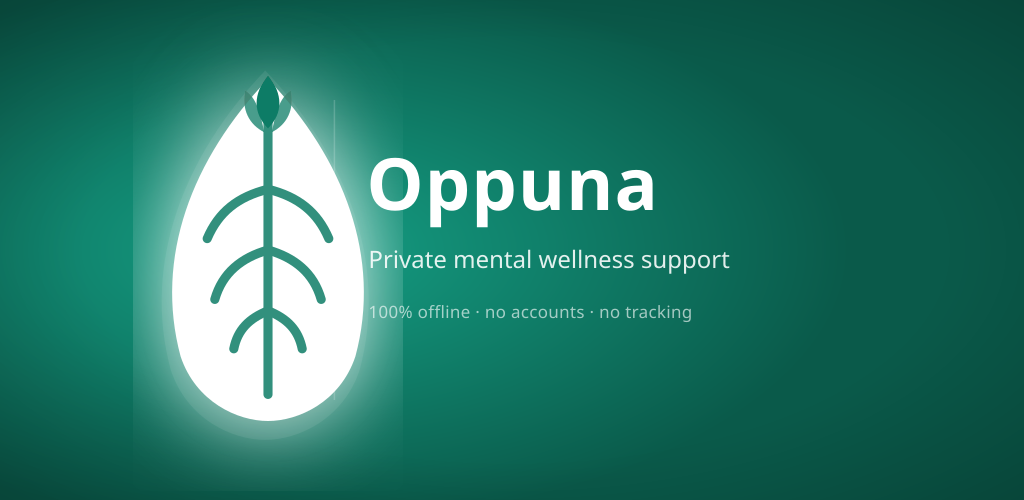 Oppuna brand image: a leaf mark with the line Private mental wellness support